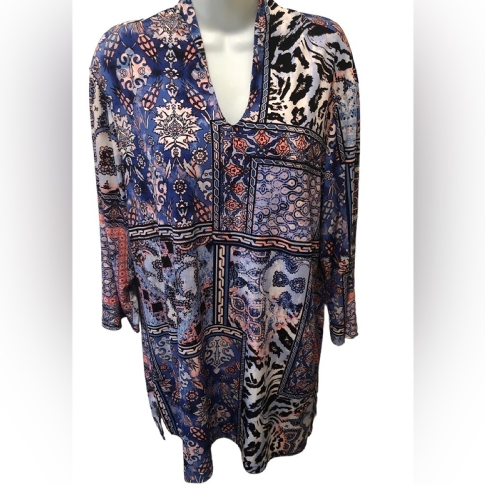 Easywear By Chico's Dreamweaver Patchwork Loma Tunic Top 3/4 Sleeve Sz. 3 Blue